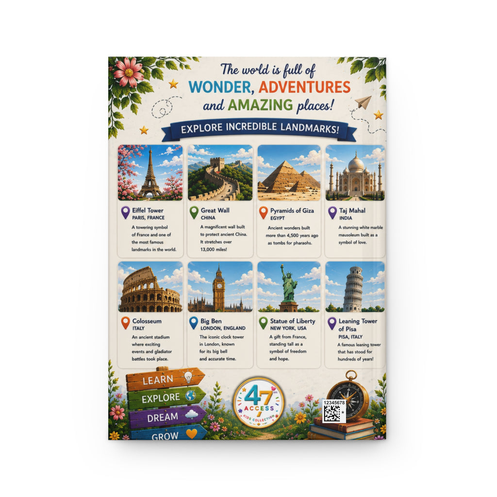 Back cover of the Access 47 Kids Hardcover Journal – My Little World Travel