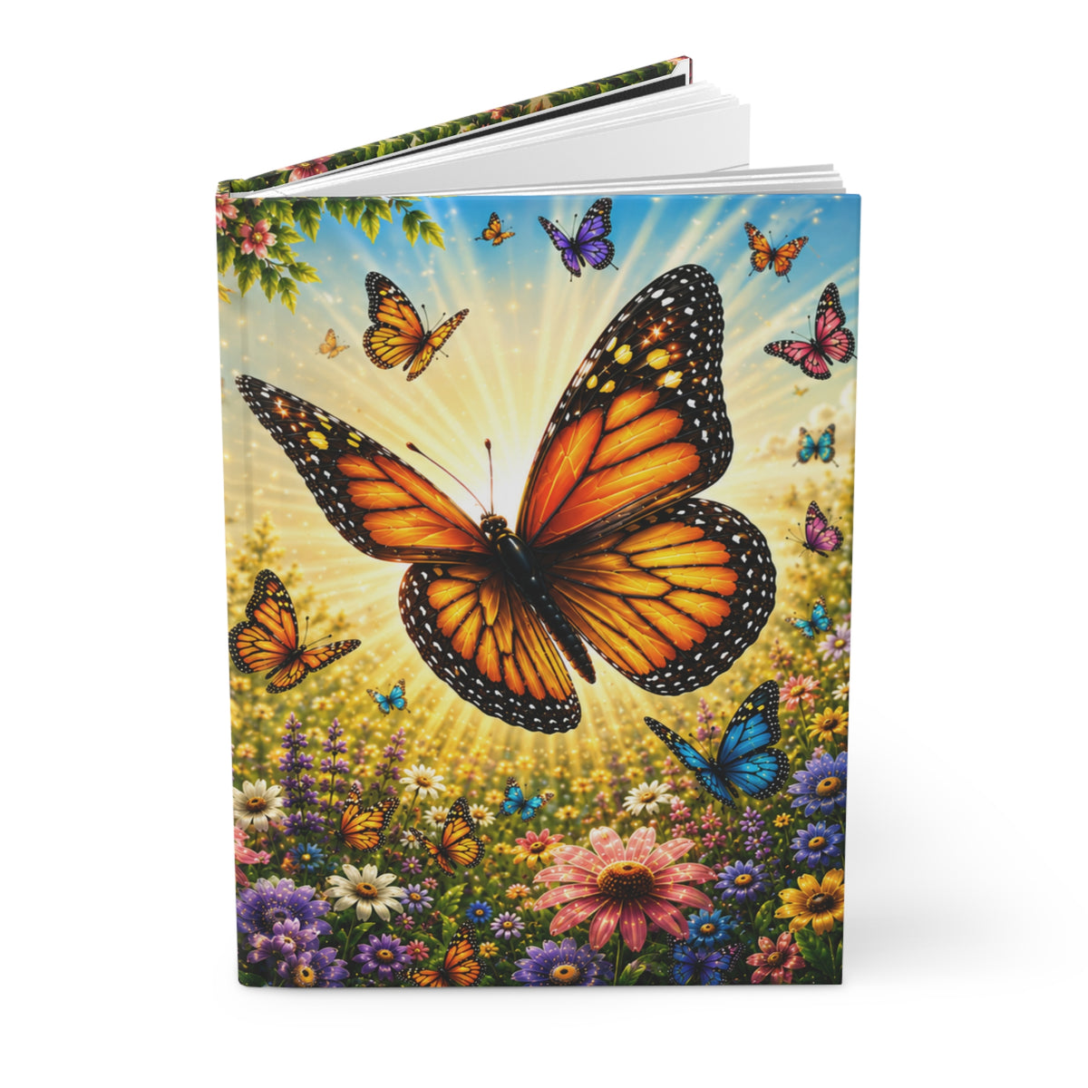 Open standing pages of the Access 47 Kids Hardcover Journal – Butterfly Life Cycle